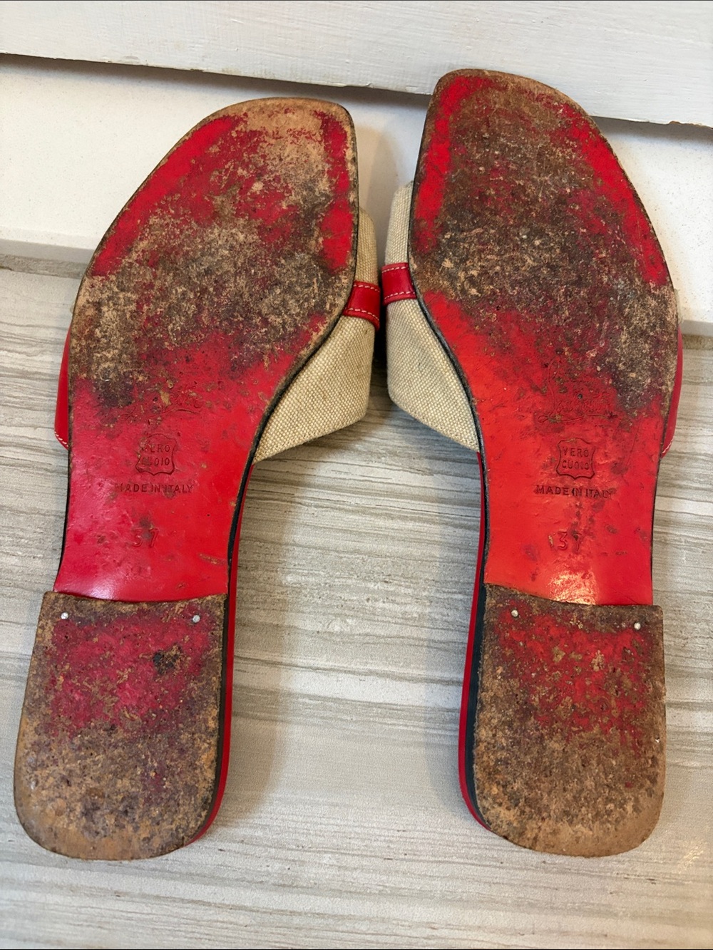 Vintage Christian Louboutin Red and Beige Crossband Slide Sandals - Picture 2 of 8